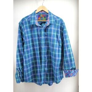 ROBERT GRAHAM Men Navy‎ Blue L Football Sport Shirt 3XL Plaid Button up